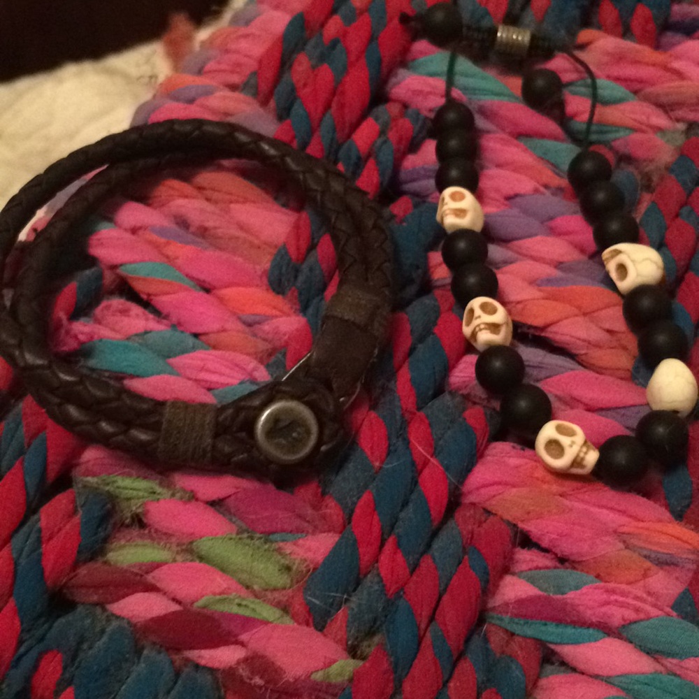 Double strand leather bracelet and skull bracelet
